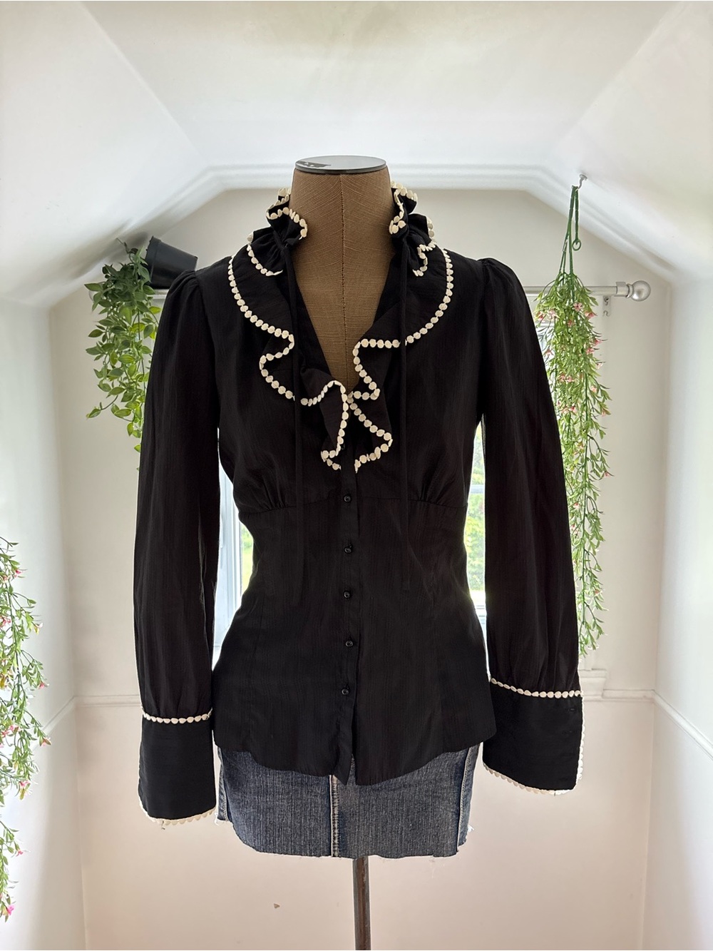 Zara Black Ruffle Blouse with Pearl Trim
